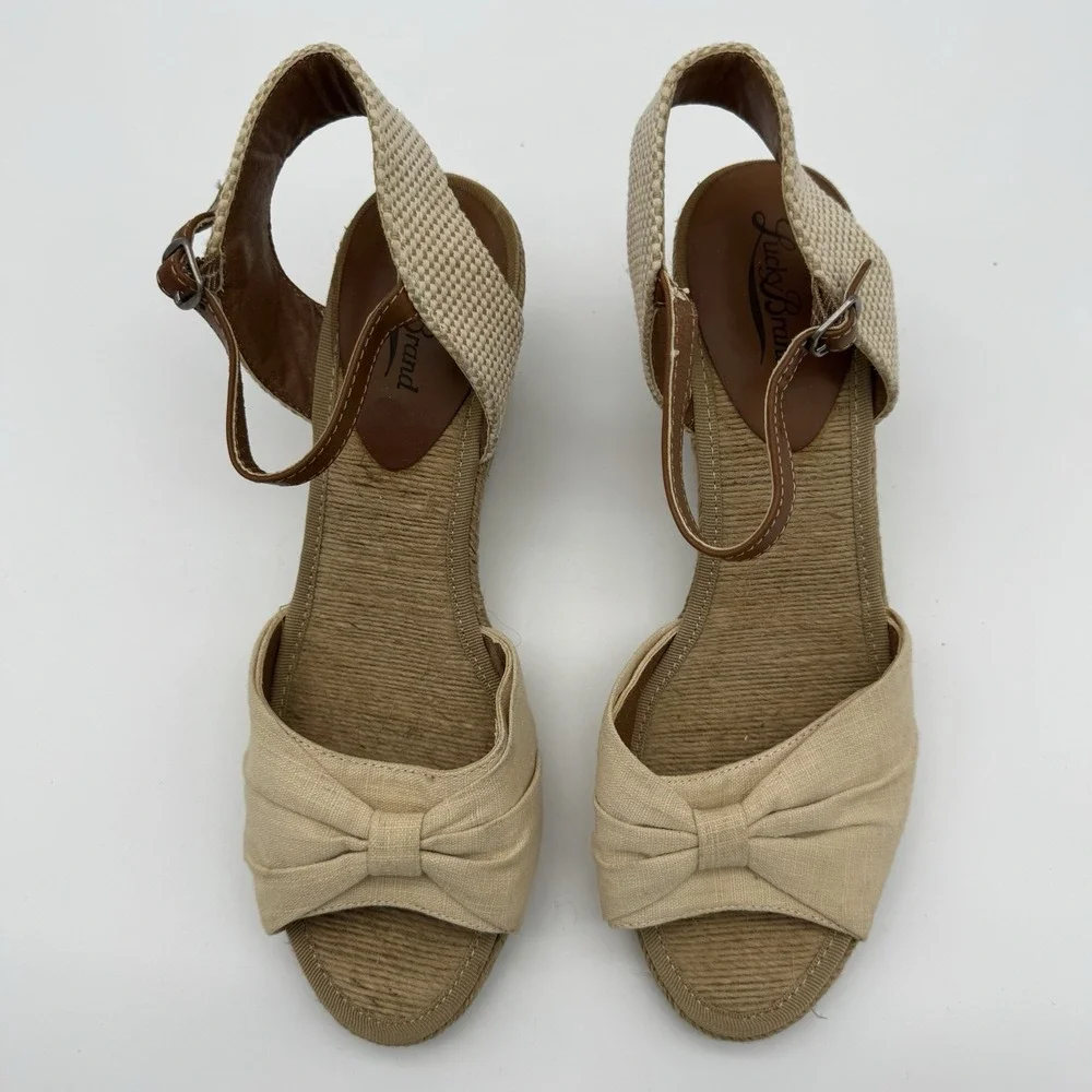 Lucky Brand Kavala Espadrille Jute Wedge Sandals Cream‎ Bow Womens Size 10 B
